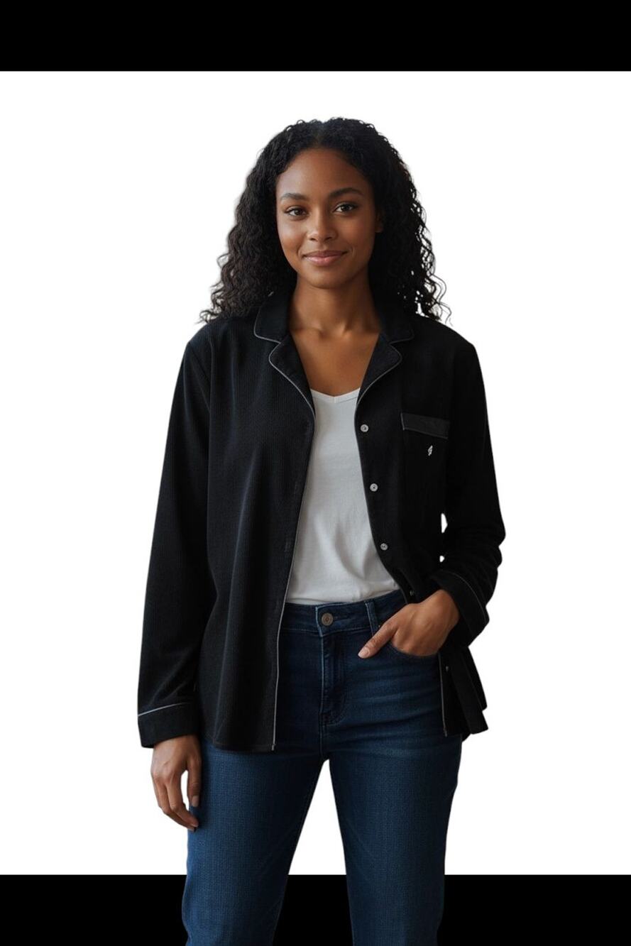 GAP Women's Plus XXL 2X Velvet Blouse Black Button Up Long Sleeve Classic 48"